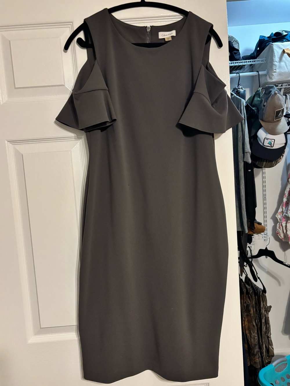 Calvin Klein Charcoal Gray Cold-Shoulder Midi Dress